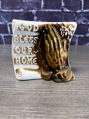 Vintage Ceramic 'God Bless Our Home' Napkin Holder Praying Hands
